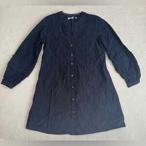 Women’s LOFT navy blue cotton eyelet long sleeve button-front dress Size Small